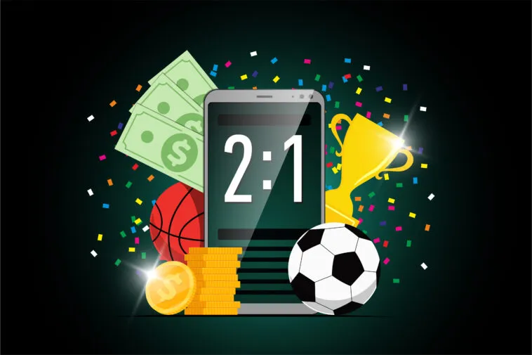 online sport betting mobile app banner design with statistics scoreboard on smartphone screen and soccer basketball ball trophy award cup and winner dollar coins bookmaker promo advertising – mobile marketing reads