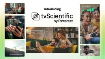Promotional collage for tvScientific by Pinterest with people using devices and charts around a central logo, 'Introducing tvScientific by Pinterest'.
