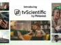 Promotional collage for tvScientific by Pinterest with people using devices and charts around a central logo, 'Introducing tvScientific by Pinterest'.