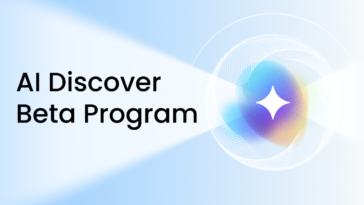 Hero banner reading 'AI Discover Beta Program' on a blue gradient background with a glowing circular abstract motif on the right.