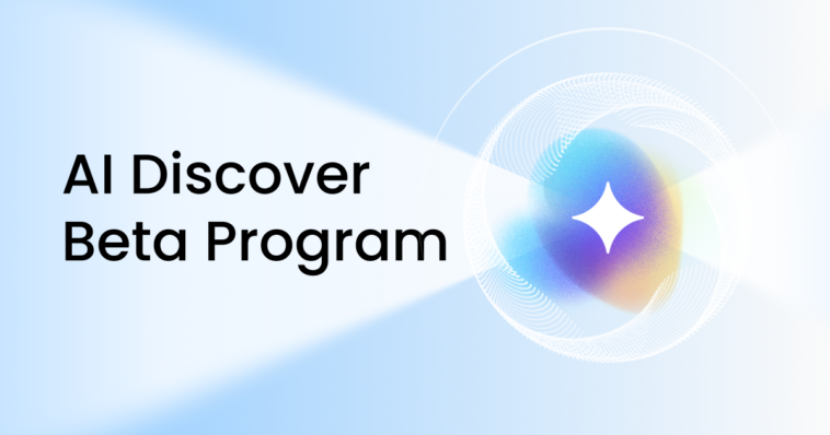Hero banner reading 'AI Discover Beta Program' on a blue gradient background with a glowing circular abstract motif on the right.