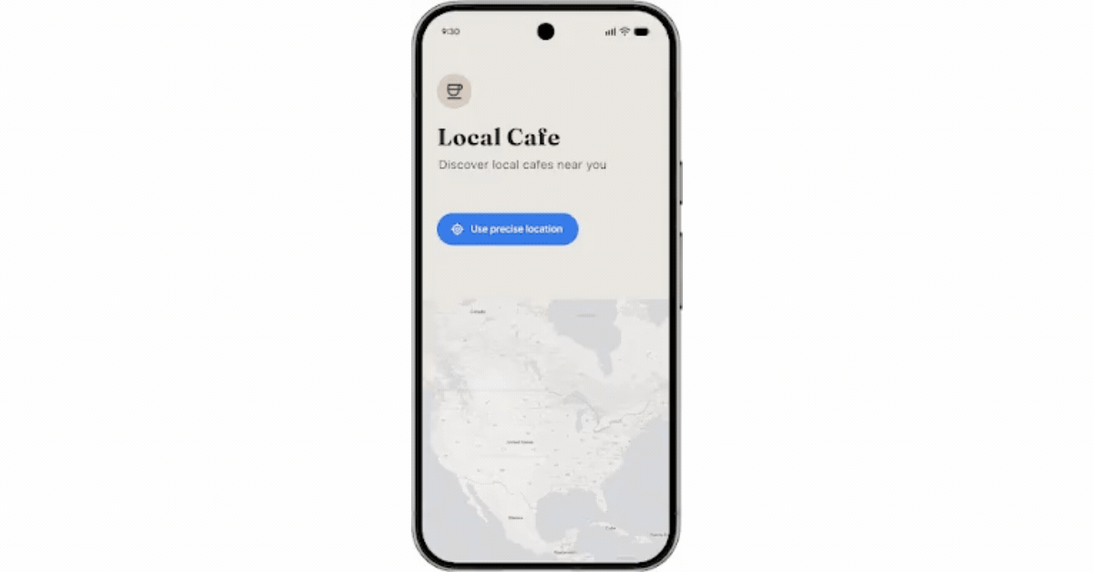 Local Cafe app screen: title 'Local Cafe' with subtitle 'Discover local cafes near you' and a blue button labeled 'Use precise location' over a pale map background.