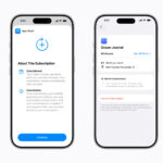 Two iPhones side by side showing a subscription onboarding flow: left screen with 'About This Subscription' and a 'Continue' button; right screen lists Ocean Journal plan, pricing, and payment info.