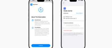 Two iPhones side by side showing a subscription onboarding flow: left screen with 'About This Subscription' and a 'Continue' button; right screen lists Ocean Journal plan, pricing, and payment info.