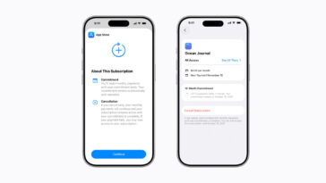 Two iPhones side by side showing a subscription onboarding flow: left screen with 'About This Subscription' and a 'Continue' button; right screen lists Ocean Journal plan, pricing, and payment info.