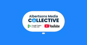 Albertsons Media Collective branding on a blue background with Google DV360 and YouTube logos.