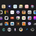 Grid of colorful mobile app icons arranged on a dark background, forming rows and columns, like a home screen. It shows various game and utility icons.