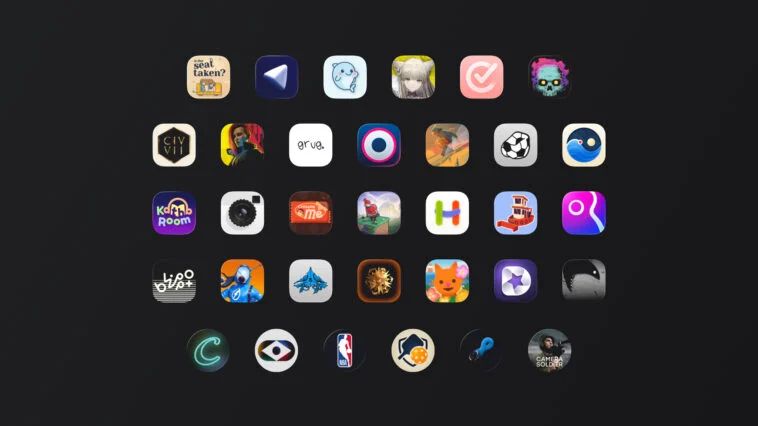 Grid of colorful mobile app icons arranged on a dark background, forming rows and columns, like a home screen. It shows various game and utility icons.