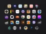 Grid of colorful mobile app icons arranged on a dark background, forming rows and columns, like a home screen. It shows various game and utility icons.