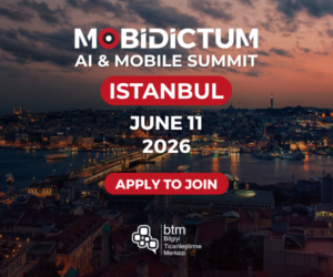 Promotional poster for MOBIDICTUM AI & Mobile Summit in Istanbul, June 11, 2026; prominent 'Apply to Join' button over a city skyline at sunset.