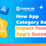 Blue gradient marketing banner announcing “How App Category Rankings Impact Your App’s Success,” with Gummicube logo, a Shiba Inu on a yellow star, and colorful app icons (top-right and left).