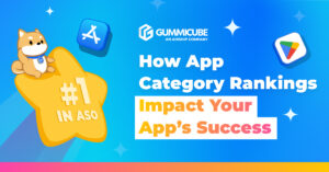 Blue gradient marketing banner announcing “How App Category Rankings Impact Your App’s Success,” with Gummicube logo, a Shiba Inu on a yellow star, and colorful app icons (top-right and left).