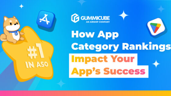 Blue gradient marketing banner announcing “How App Category Rankings Impact Your App’s Success,” with Gummicube logo, a Shiba Inu on a yellow star, and colorful app icons (top-right and left).