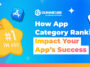 Blue gradient marketing banner announcing “How App Category Rankings Impact Your App’s Success,” with Gummicube logo, a Shiba Inu on a yellow star, and colorful app icons (top-right and left).