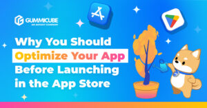 Blue gradient banner urging to optimize your app before launching in the App Store, with the Gummicube logo and a cartoon dog mascot.