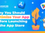 Blue gradient banner urging to optimize your app before launching in the App Store, with the Gummicube logo and a cartoon dog mascot.