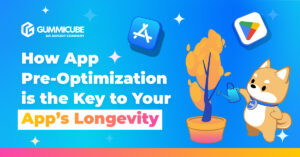 Bright blue promotional banner with the title “How App Pre-Optimization is the Key to Your App's Longevity,” featuring a cartoon dog watering a plant beside app icons.