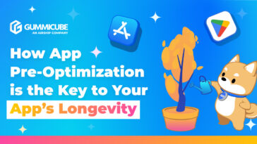 Bright blue promotional banner with the title “How App Pre-Optimization is the Key to Your App's Longevity,” featuring a cartoon dog watering a plant beside app icons.