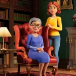 Two women in a cozy library by a lit fireplace; an elderly woman sits in a red armchair as a younger woman stands beside her, Metacore logo visible in the corner.