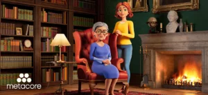 Two women in a cozy library by a lit fireplace; an elderly woman sits in a red armchair as a younger woman stands beside her, Metacore logo visible in the corner.