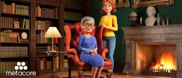 Two women in a cozy library by a lit fireplace; an elderly woman sits in a red armchair as a younger woman stands beside her, Metacore logo visible in the corner.