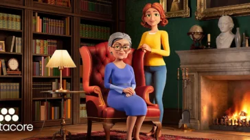 Two women in a cozy library by a lit fireplace; an elderly woman sits in a red armchair as a younger woman stands beside her, Metacore logo visible in the corner.