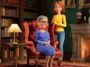 Two women in a cozy library by a lit fireplace; an elderly woman sits in a red armchair as a younger woman stands beside her, Metacore logo visible in the corner.