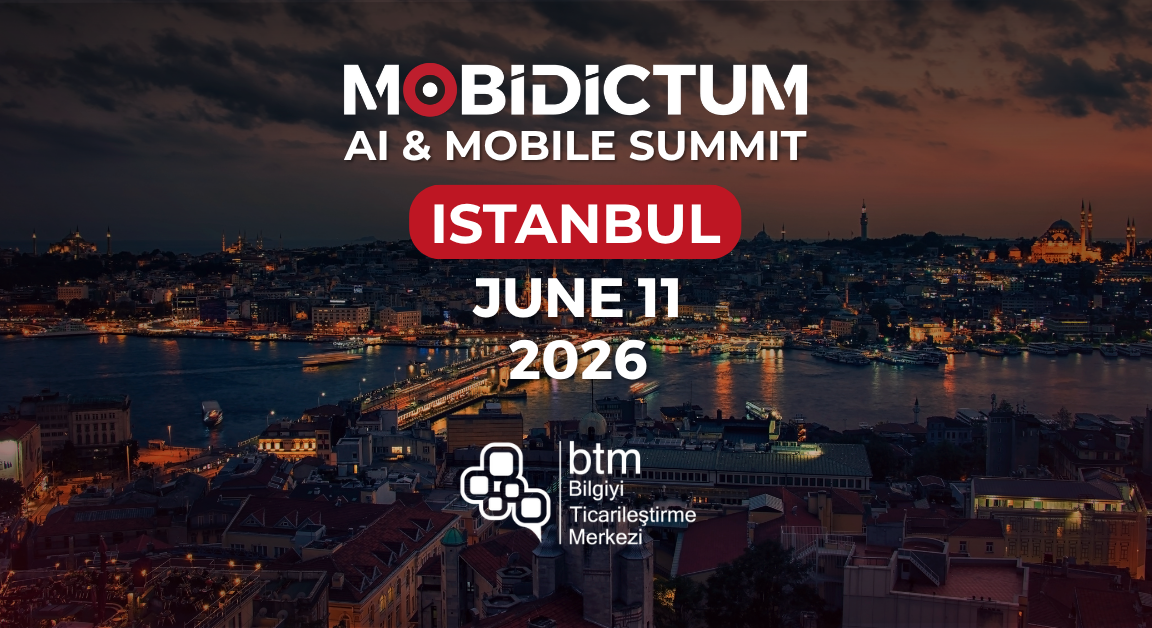Banner for MOBIDICTUM AI & Mobile Summit in Istanbul, dusk skyline, red 'ISTANBUL' badge, date June 11, 2026, and BTM logo overseeing the city.