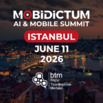 Banner for MOBIDICTUM AI & Mobile Summit in Istanbul, dusk skyline, red 'ISTANBUL' badge, date June 11, 2026, and BTM logo overseeing the city.