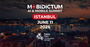 Banner for MOBIDICTUM AI & Mobile Summit in Istanbul, dusk skyline, red 'ISTANBUL' badge, date June 11, 2026, and BTM logo overseeing the city.