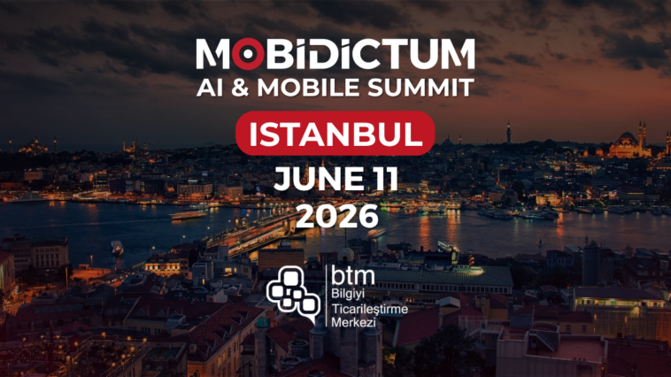 mobidictum ai mobile summit i̇stanbul 2026 banner 1200 x 628 piksel – mobile marketing reads Banner for MOBIDICTUM AI & Mobile Summit in Istanbul, dusk skyline, red 'ISTANBUL' badge, date June 11, 2026, and BTM logo overseeing the city.