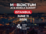 Banner for MOBIDICTUM AI & Mobile Summit in Istanbul, dusk skyline, red 'ISTANBUL' badge, date June 11, 2026, and BTM logo overseeing the city.