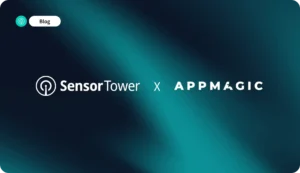 SensorTower × AppMagic collaboration banner on teal abstract background with circular logo on left and white text