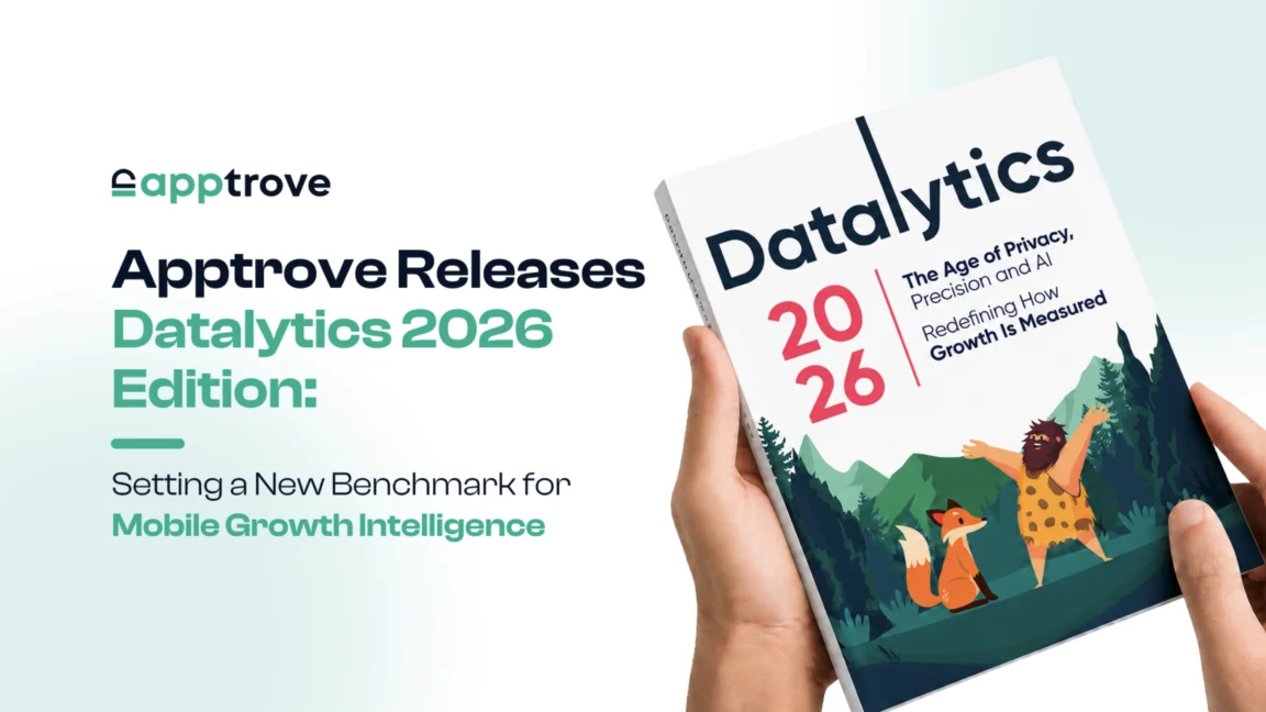 Promotional banner announcing Apptrove releases Datalytics 2026 Edition, showing a person holding the Datalytics 2026 book with mountains on the cover.