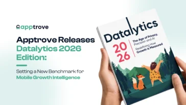 Promotional banner announcing Apptrove releases Datalytics 2026 Edition, showing a person holding the Datalytics 2026 book with mountains on the cover.