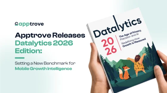 Promotional banner announcing Apptrove releases Datalytics 2026 Edition, showing a person holding the Datalytics 2026 book with mountains on the cover.