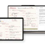 Tablet, laptop, and phone showing a meiosis diagram in a note-taking app on different screens for study/learning purposes.