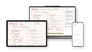 Tablet, laptop, and phone showing a meiosis diagram in a note-taking app on different screens for study/learning purposes.