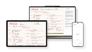 Tablet, laptop, and phone showing a meiosis diagram in a note-taking app on different screens for study/learning purposes.