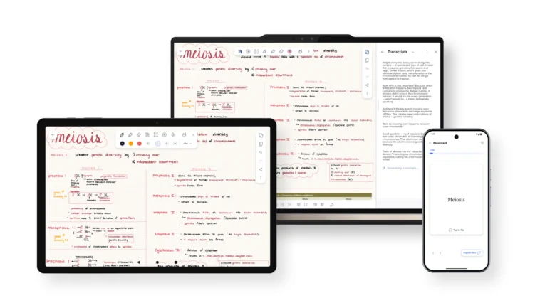 Tablet, laptop, and phone showing a meiosis diagram in a note-taking app on different screens for study/learning purposes.