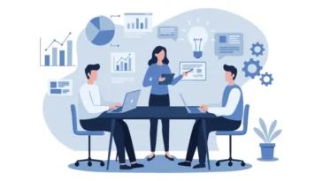 Three colleagues sit around a conference table with laptops while a woman presents a chart.