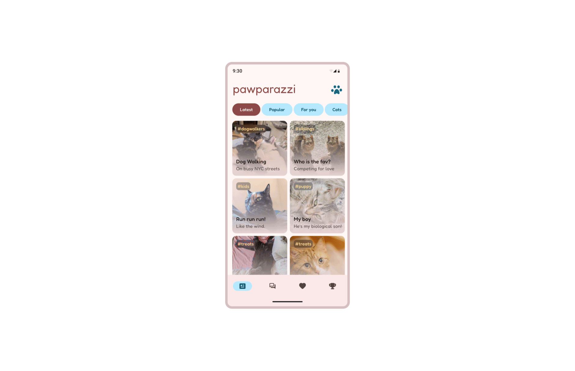 Mobile screen showing a cat-focused app named pawparazzi with category pills and a grid of photo cards in pink and blue tones.