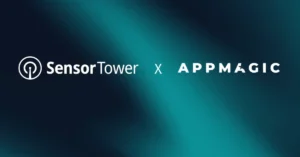 SensorTower and AppMagic logos side by side on a teal gradient background, announcing a collaboration.
