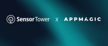 SensorTower and AppMagic logos side by side on a teal gradient background, announcing a collaboration.