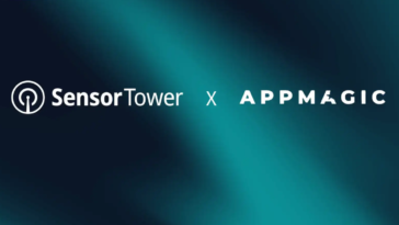 SensorTower and AppMagic logos side by side on a teal gradient background, announcing a collaboration.