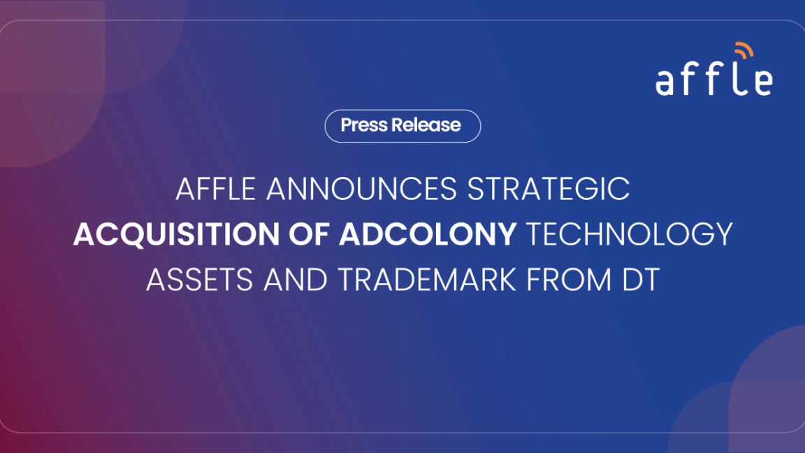 Blue gradient press release banner announcing Affle's acquisition of AdColony technology and assets