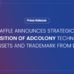 Blue gradient press release banner announcing Affle's acquisition of AdColony technology and assets