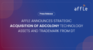 Blue gradient press release banner announcing Affle's acquisition of AdColony technology and assets