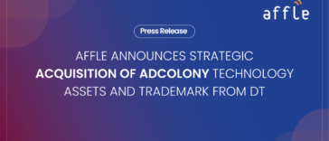 Blue gradient press release banner announcing Affle's acquisition of AdColony technology and assets