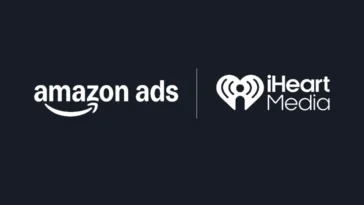 Amazon Ads logo next to iHeart Media logo on a dark background with a vertical divider